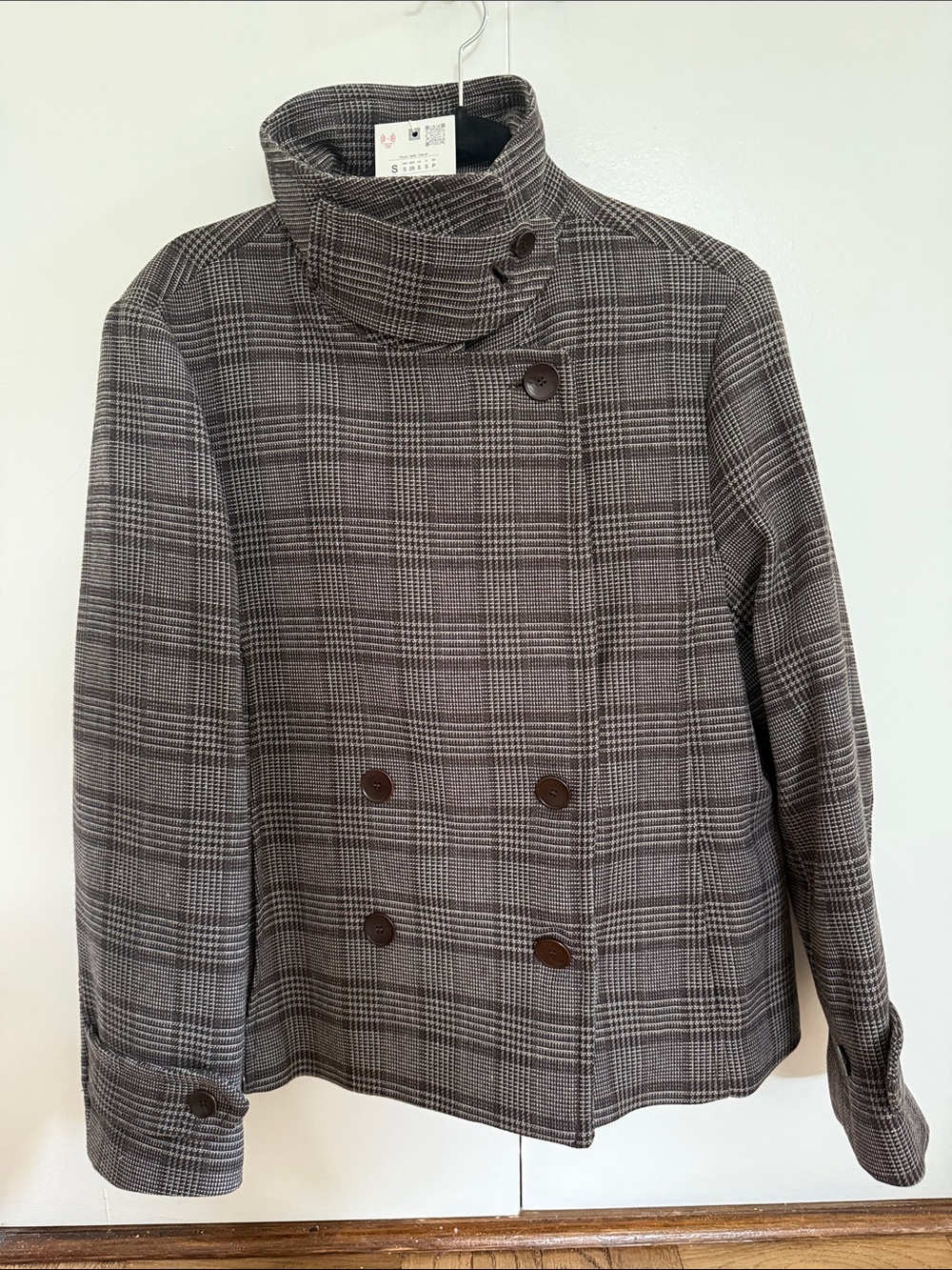 NWT! Women’s Gray Plaid Double-Breasted Peacoat Jacket, size S!